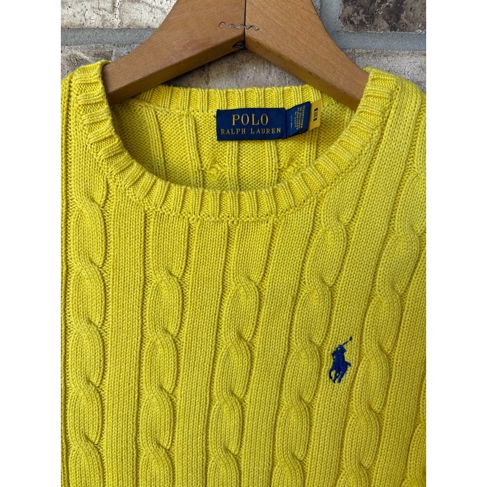 Polo Ralph Lauren Yellow Cable Knit Sweater 100% Cotton Sz SMALL Blue Logo Women - Picture 2 of 6